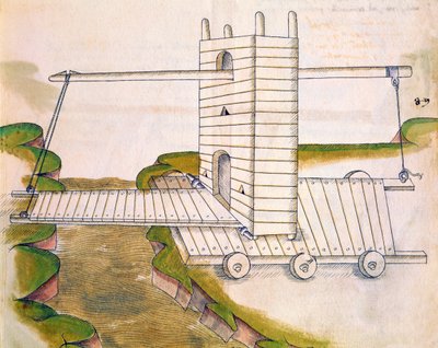 Design for a Machine with Drawbridge on Wheels for Use in Warfare or Sieges, Illustration from De Machinis by Mariano di Jacopo 1382 c.1453 after Mariano di Jacopo 1382 c.1453 after